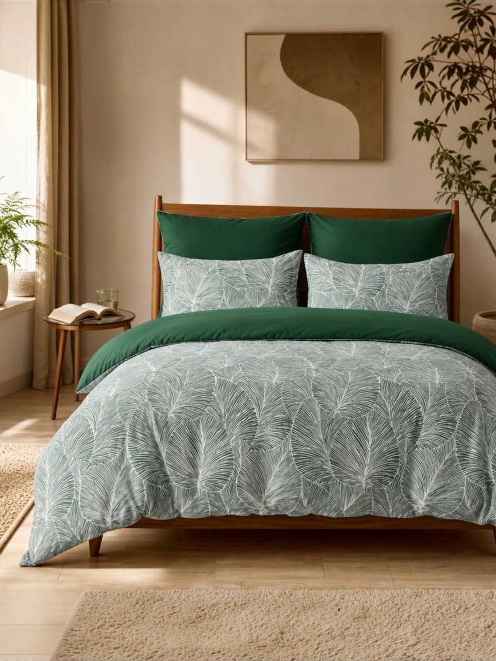 NEW Anthropologie Green Botanical Print Boho Queen King Bedding Duvet & Sham Set
